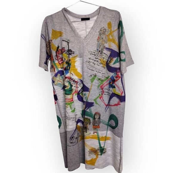 Inoah Womens Tee Dress Sz Large Grey VNeck T-shirt Artwork Painting Short Sleeve - Picture 10 of 13